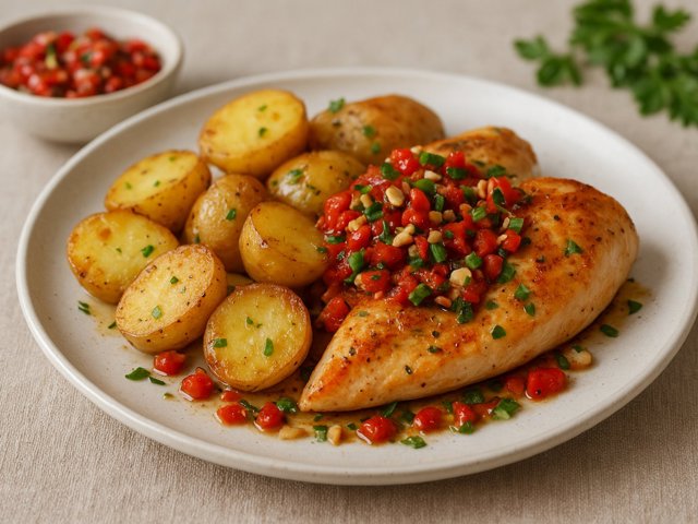 Chicken & Garlic Potatoes With Red Pepper Relish