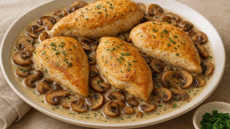 Chicken Breasts Baked On A Bed Of Mushrooms