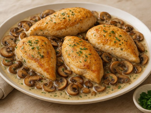 Chicken Breasts Baked On A Bed Of Mushrooms