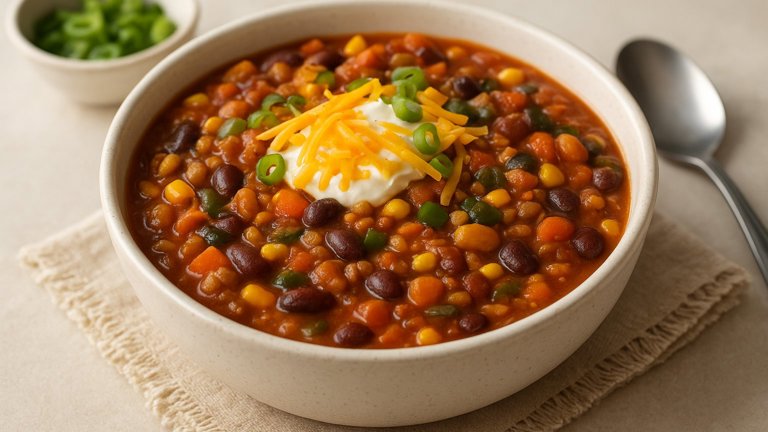 Chili with Wheat Berries, Beans & Corn