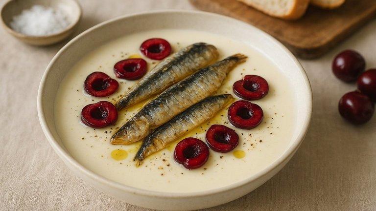 Chilled Almond And Garlic SOUP With Marinated Sardines And Cherries