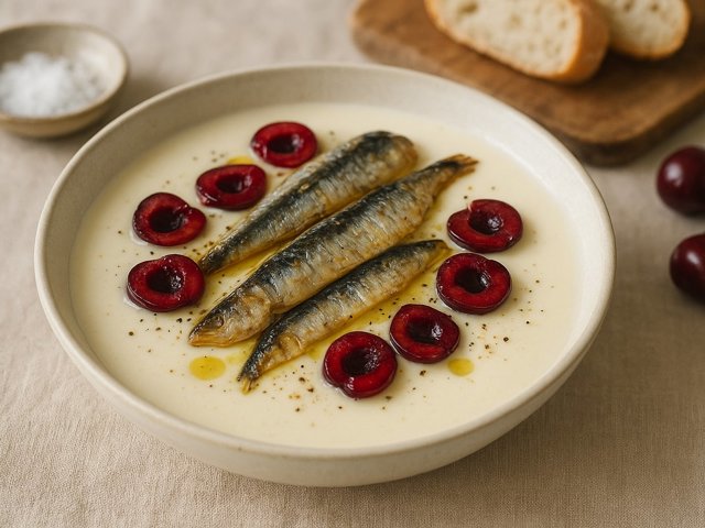 Chilled Almond And Garlic SOUP With Marinated Sardines And Cherries