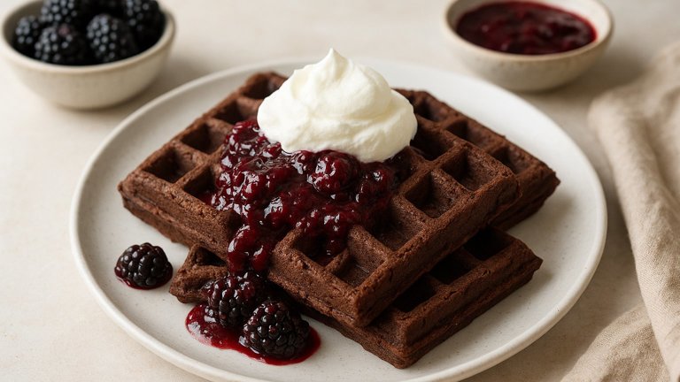 Chocolate Brownie Waffles WITH Blackberry Sauce