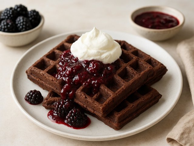 Chocolate Brownie Waffles WITH Blackberry Sauce