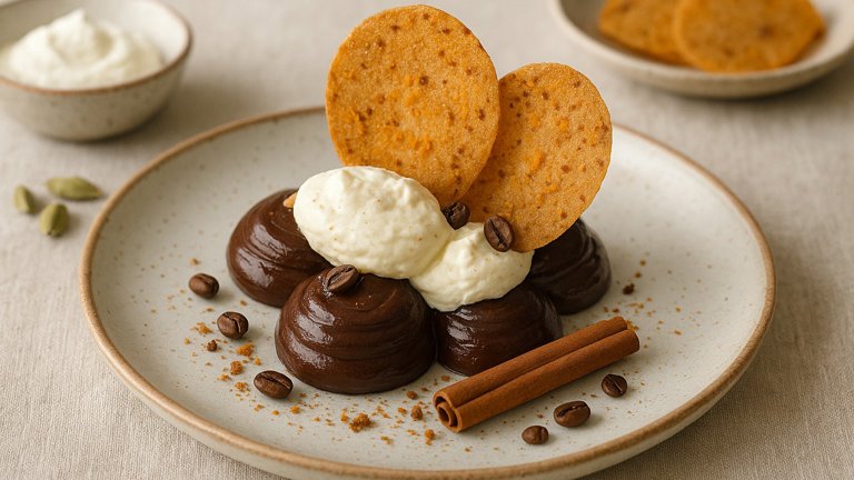 CHOCOLATE, CARDAMOM and COFFEE CREAMS with ORANGE and CINNAMON TUILES