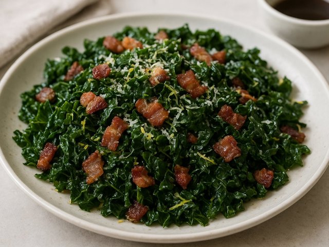 Chopped KALE Salad WITH Parmesan, Lemon, Bacon, AND Balsamic