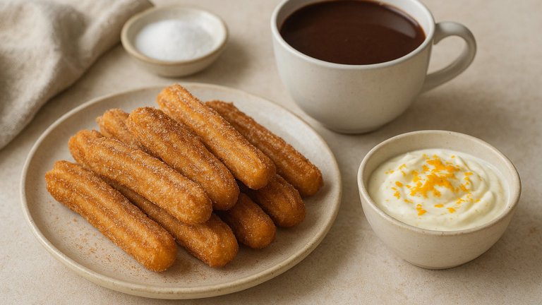 CHURROS with HOT CHOCOLATE and ORANGE BLOSSOM DIP