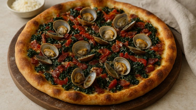 CLAM AND Bacon Pizza: With Roasted Peppers, Kale, And Parmesan