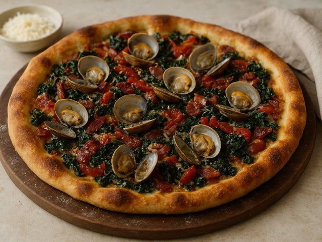 CLAM AND Bacon Pizza: With Roasted Peppers, Kale, And Parmesan