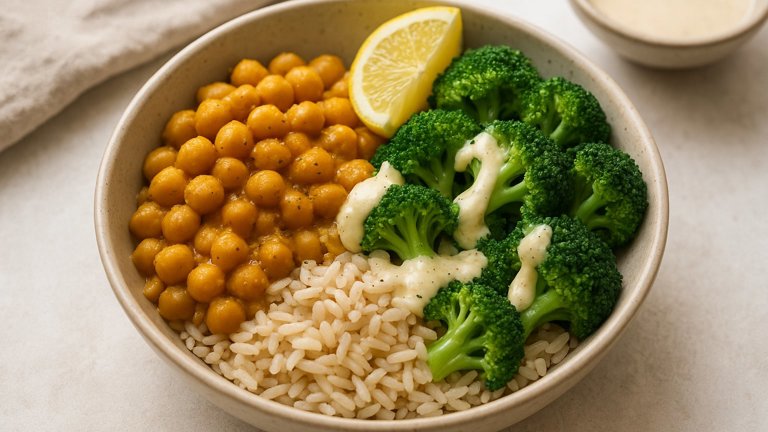Coconut-Chickpea Curry & Broccoli Bowl With Lemon-Tahini Dressing