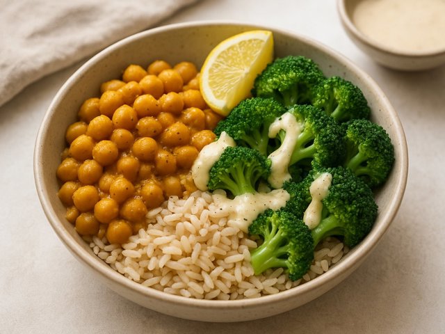 Coconut-Chickpea Curry & Broccoli Bowl With Lemon-Tahini Dressing