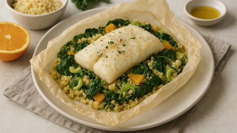 Cod in Parchment with Orange-Leek Couscous