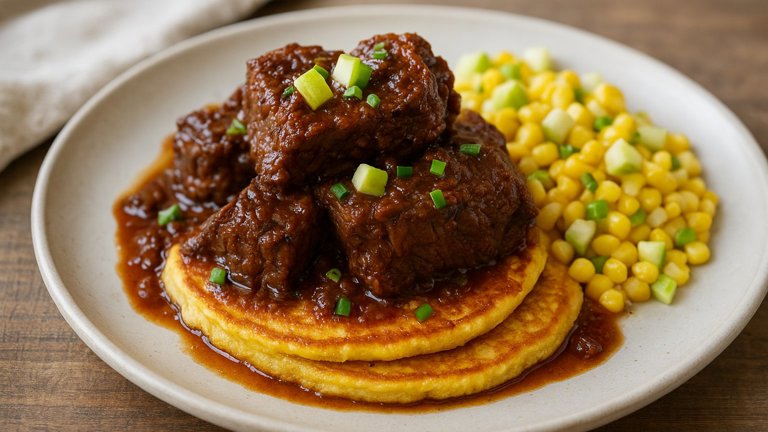 Cornmeal Pancakes WITH Beer-Braised Short RIBS