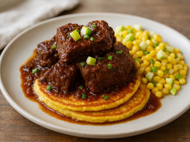 Cornmeal Pancakes With Beer-Braised Short Ribs