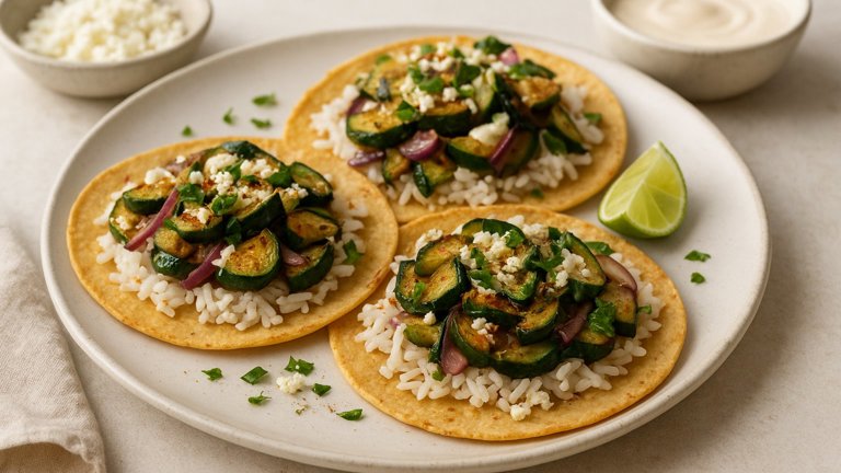 Cotija-Lime Vegetable Tostadas with Zucchini, Poblano Pepper & Rice