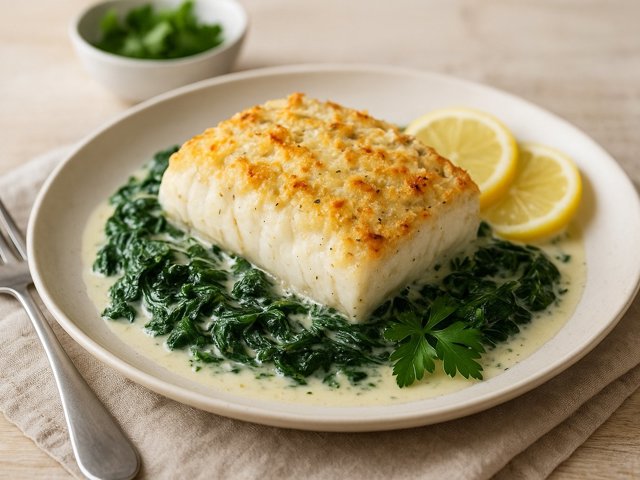 Creamy Parmesan-Baked Halibut With Spinach