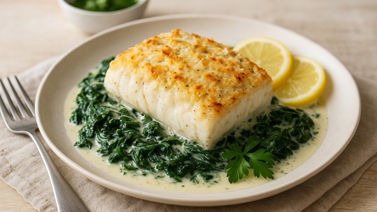 Creamy Parmesan-Baked Halibut with Spinach
