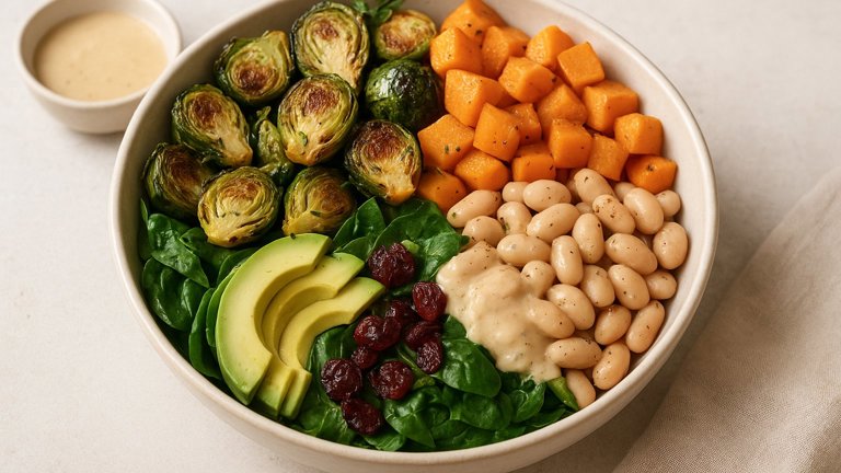 Crispy Brussels Sprout & Winter Squash Bowl with Almond-Ginger Dressing