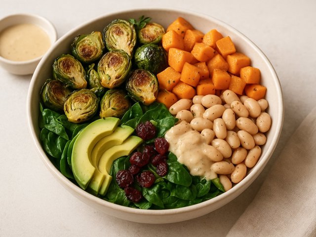 Crispy Brussels Sprout & Winter Squash Bowl With Almond-Ginger Dressing