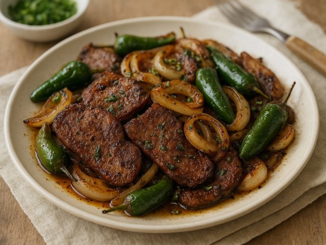 Crispy Pan-Fried Tongue With Onions And Jalapeños