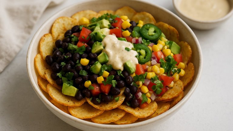 Crispy Potato Nacho Bowl with Cashew Cheese Dressing