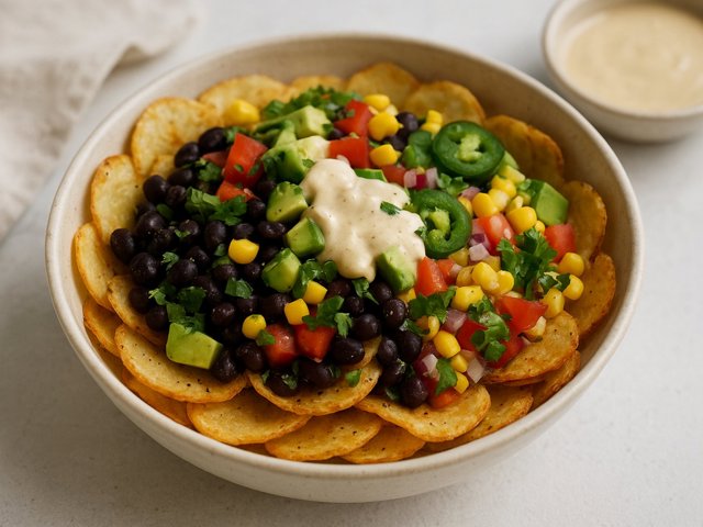 Crispy Potato Nacho Bowl With Cashew Cheese Dressing