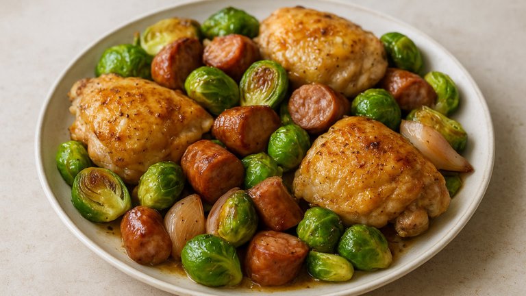 Dijon-Roasted Chicken: With Italian Sausage And Brussels Sprouts