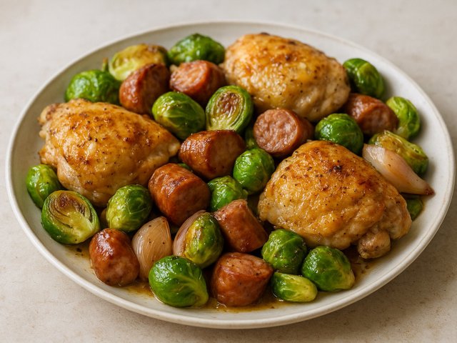 Dijon-Roasted Chicken: With Italian Sausage And Brussels Sprouts