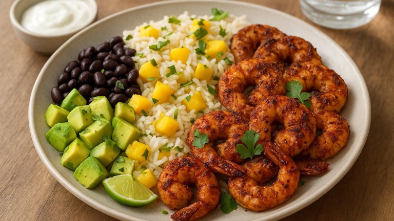 🌙 Dinner — ~950 Kcal Caribbean Volcano Jerk Prawn & Mango Rice Feast