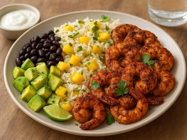 🌙 Dinner — ~950 Kcal Caribbean Volcano Jerk Prawn & Mango Rice Feast