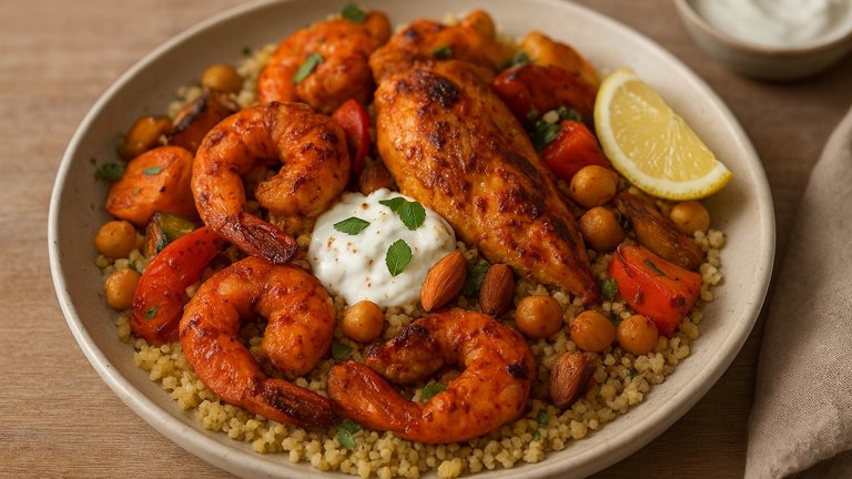Dinner — Moroccan Harissa Prawn & Chicken Couscous Royale