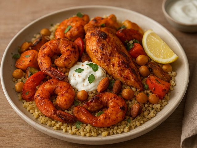 Dinner — Moroccan Harissa Prawn & Chicken Couscous Royale
