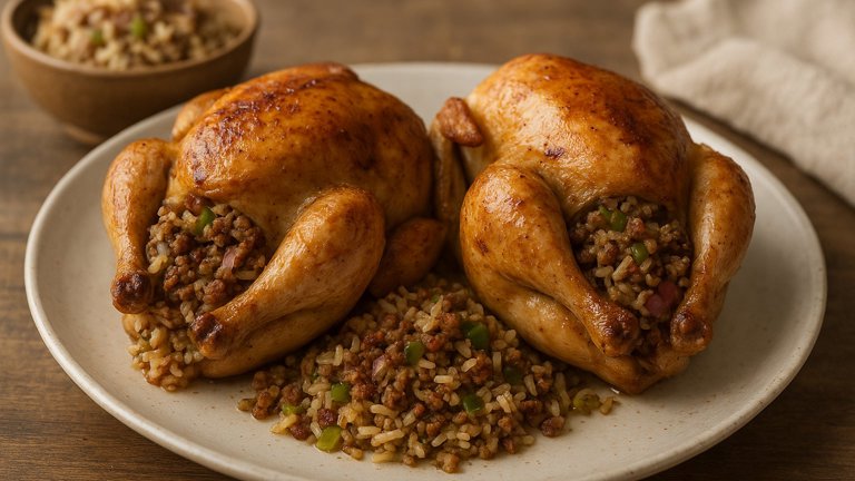 Dirty-Rice-Stuffed Cornish Hens