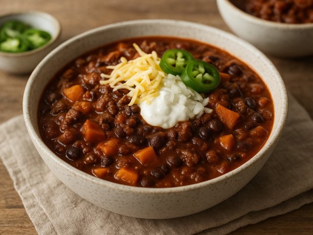 Double-Beef Chili WITH Black Beans AND Sweet Potatoes