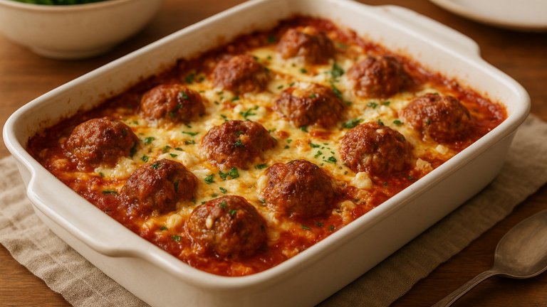Doubly Cheesy Meatball Bake