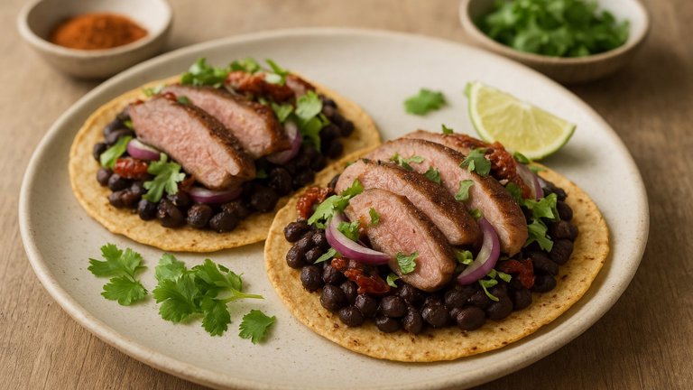 DUCK & Black BEAN Tostadas