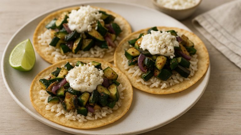 Cotija-Lime Vegetable Tostadas with Zucchini, Poblano Pepper & Rice