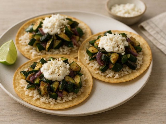 Easy Cotija-Lime Vegetable Tostadas With Zucchini, Poblano Pepper & Rice