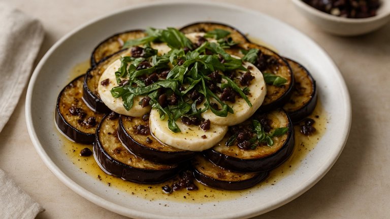 Eggplant Caprese Salad With Basil Chiffonade And Olive Vinaigrette