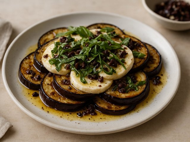 Eggplant Caprese Salad With Basil Chiffonade And Olive Vinaigrette