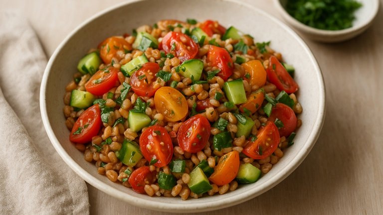 Farro with Tomatoes & Cucumber