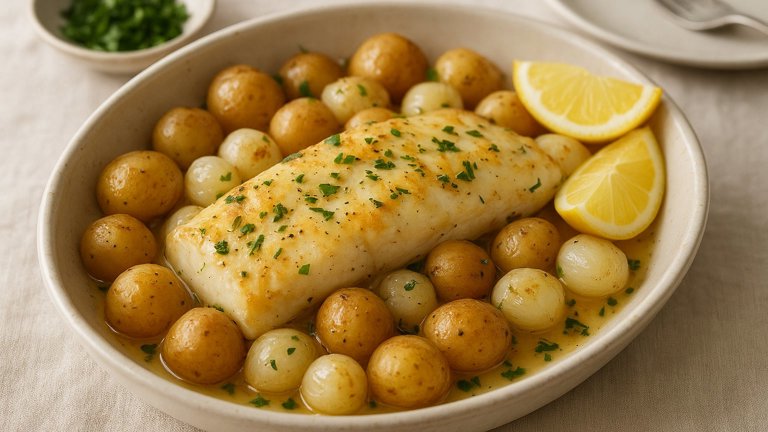 FISH Boulangère (Baked FISH WITH Potatoes AND Pearl Onions)