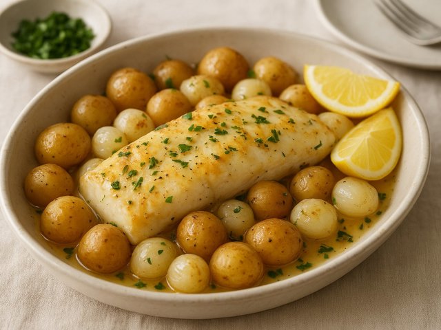 Fish Boulangère (Baked Fish With Potatoes And Pearl Onions)