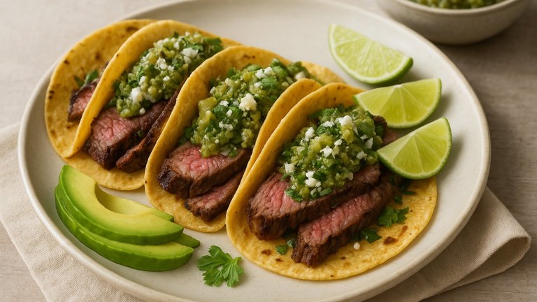 Flank Steak Tacos WITH Roasted Tomatillo Salsa
