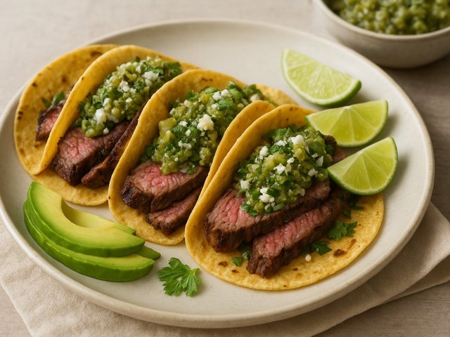 Flank Steak Tacos WITH Roasted Tomatillo Salsa
