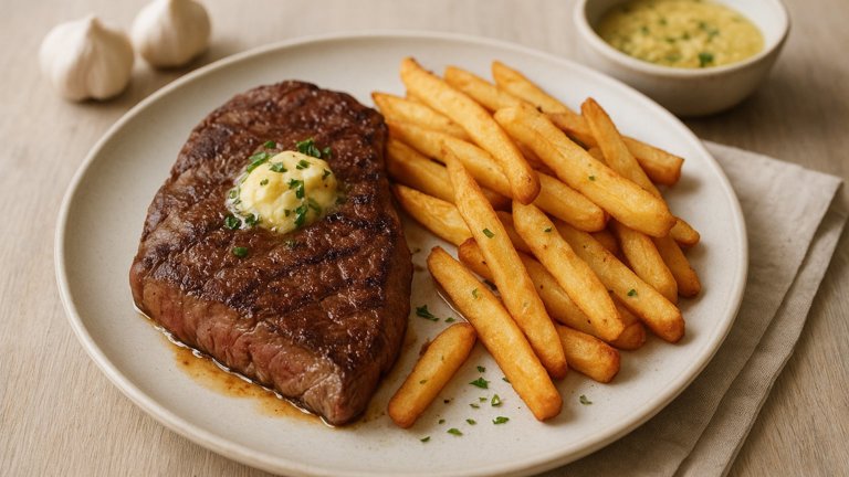 FLAT IRON Steak WITH Garlic Butter AND Fries