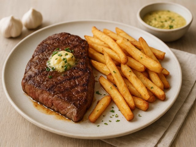 FLAT IRON Steak WITH Garlic Butter AND Fries