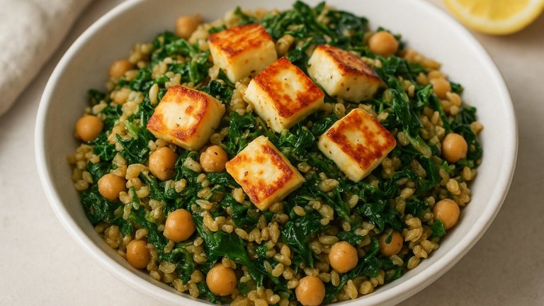 Freekeh With Greens, Chickpeas, And Halloumi