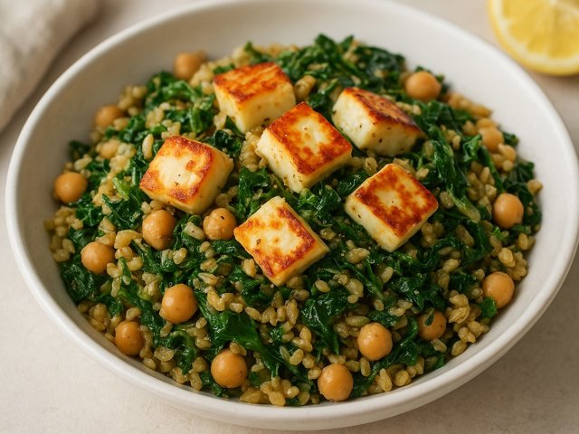 Freekeh With Greens, Chickpeas, And Halloumi