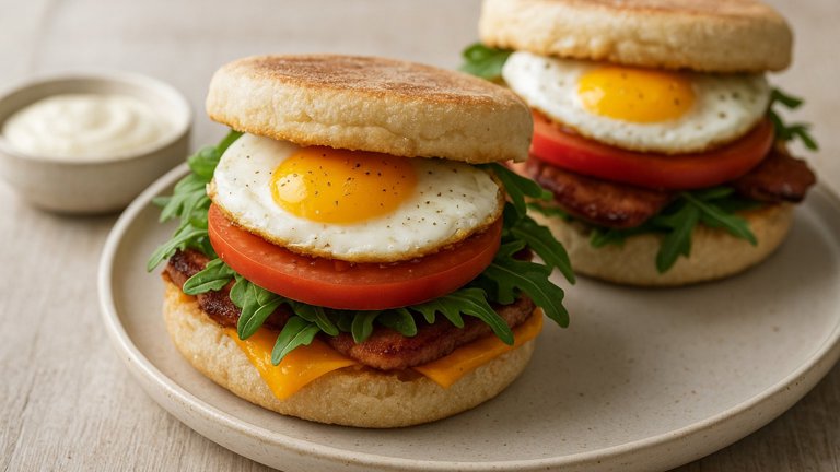 Fried EGG, Tomato, AND Arugula Sandwiches WITH Garlic Aioli